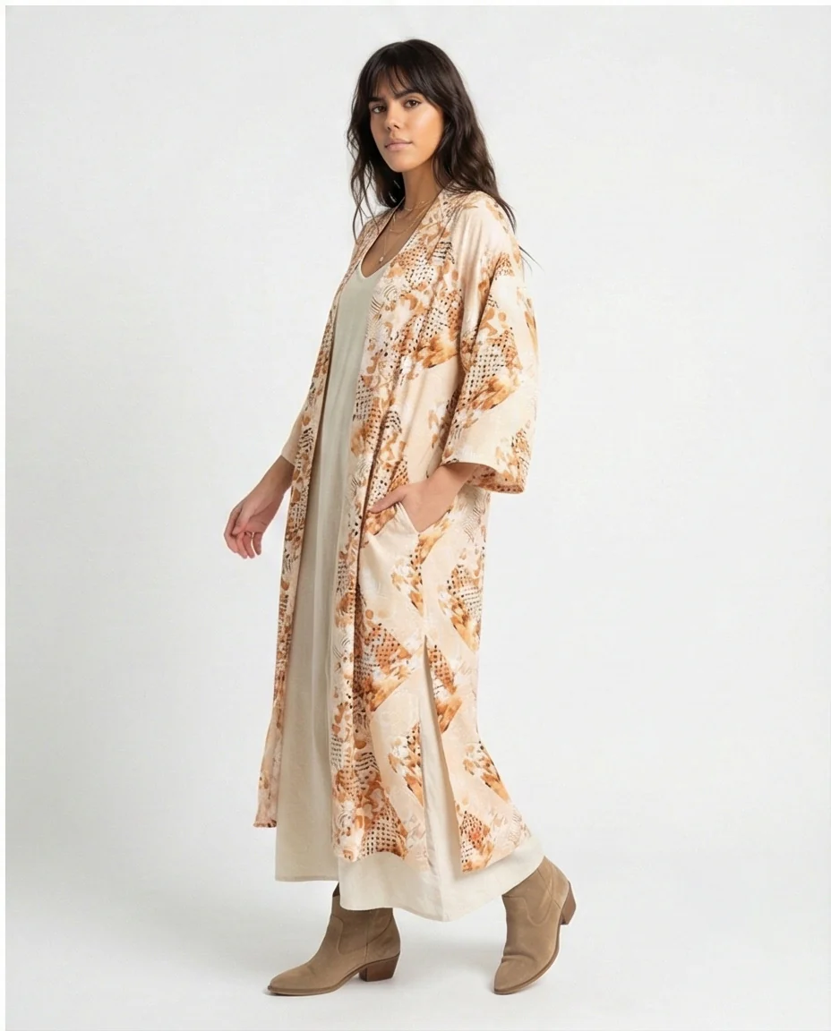 R207947 - Printed Linen Look Kimono - Beige & Orange Geometric - Image 5