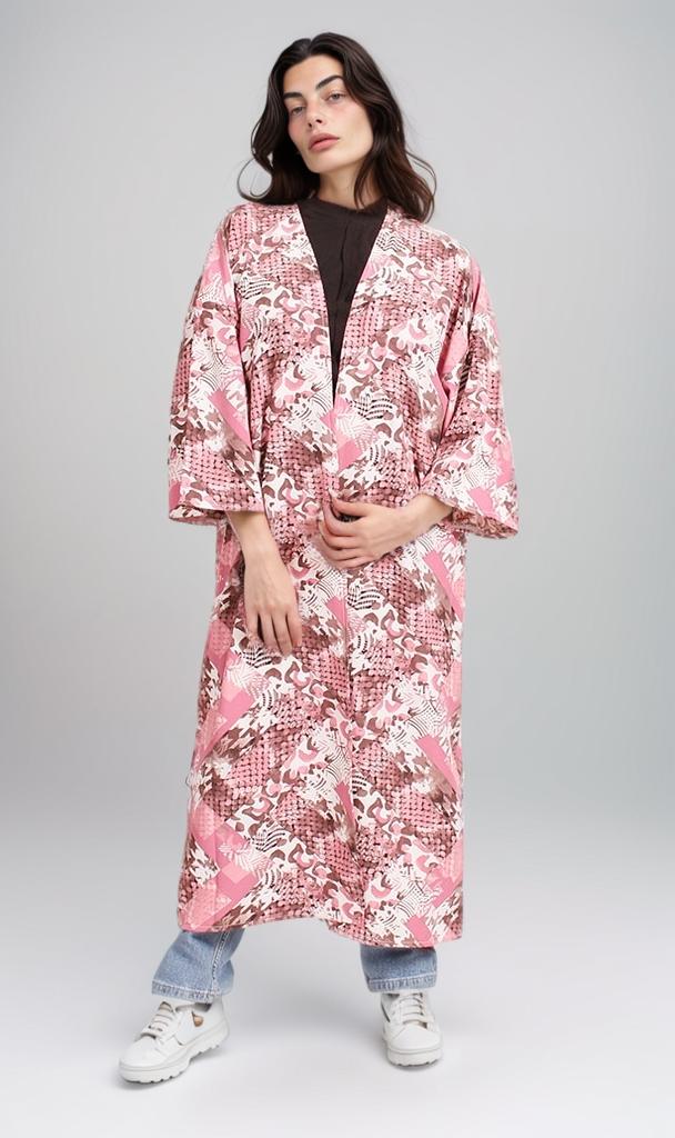 R207946 - Printed Linen Look Kimono - Pink Abstract - Image 2