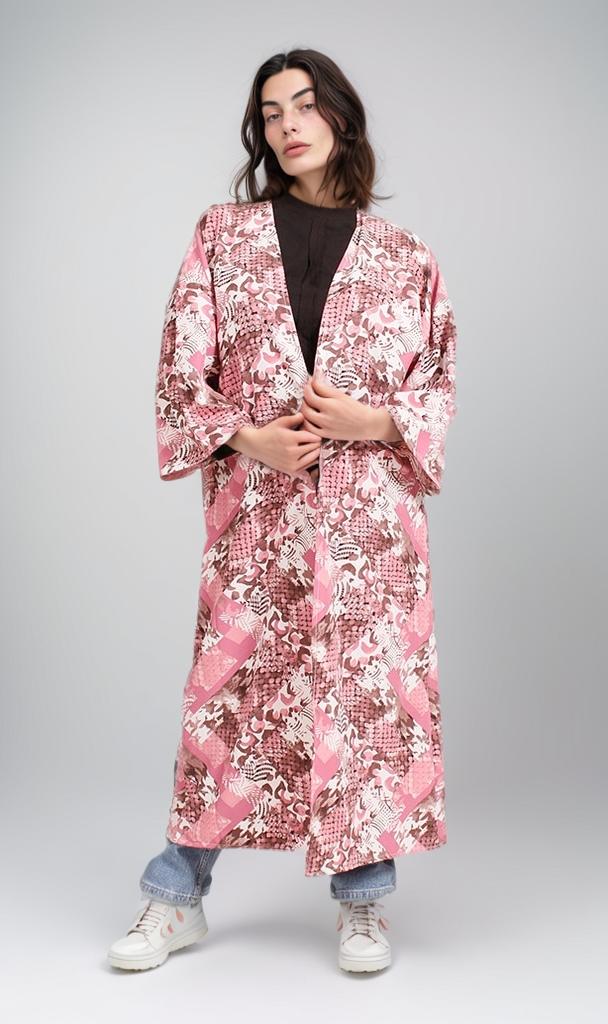R207946 - Printed Linen Look Kimono - Pink Abstract - Image 5