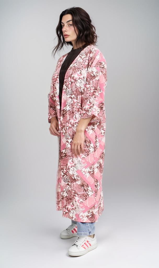 R207946 - Printed Linen Look Kimono - Pink Abstract - Image 6