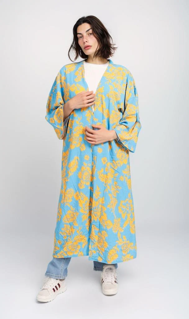 R206068 - Printed Rayon Kimono - Blue & Yellow Floral - Image 2