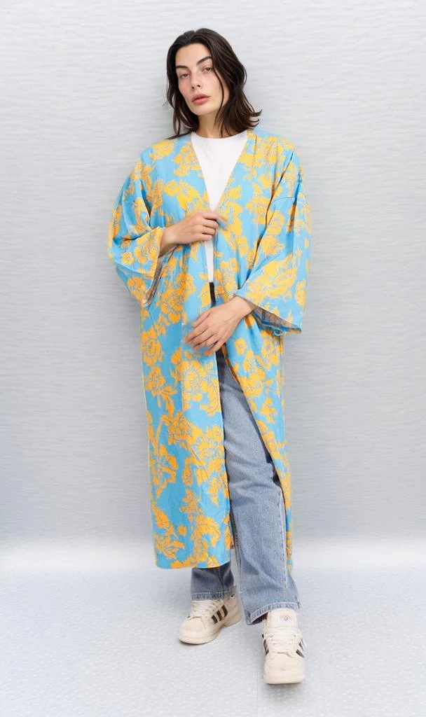 R206068 - Printed Rayon Kimono - Blue & Yellow Floral - Image 5