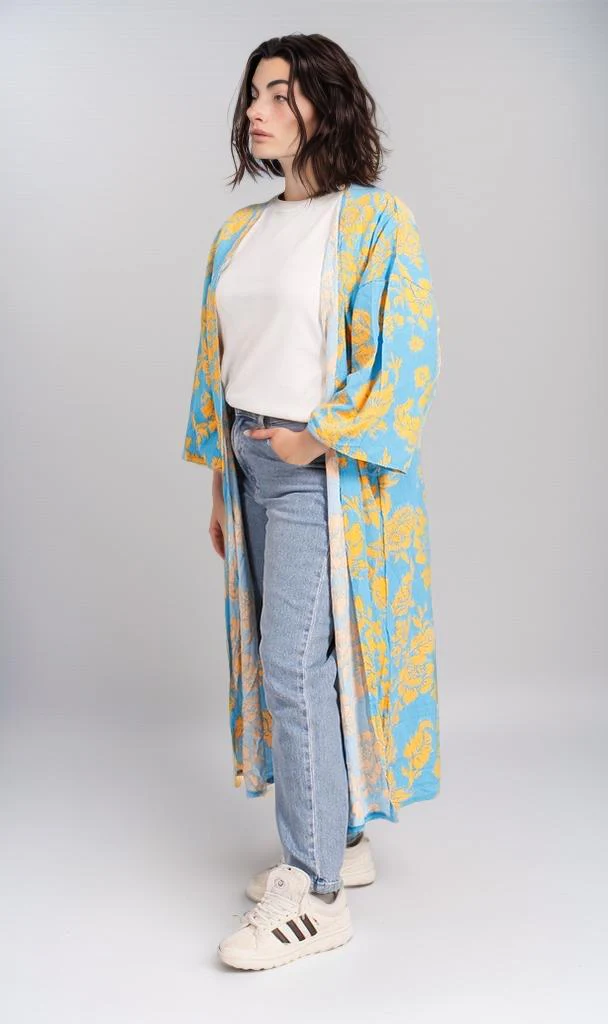 R206068 - Printed Rayon Kimono - Blue & Yellow Floral - Image 6