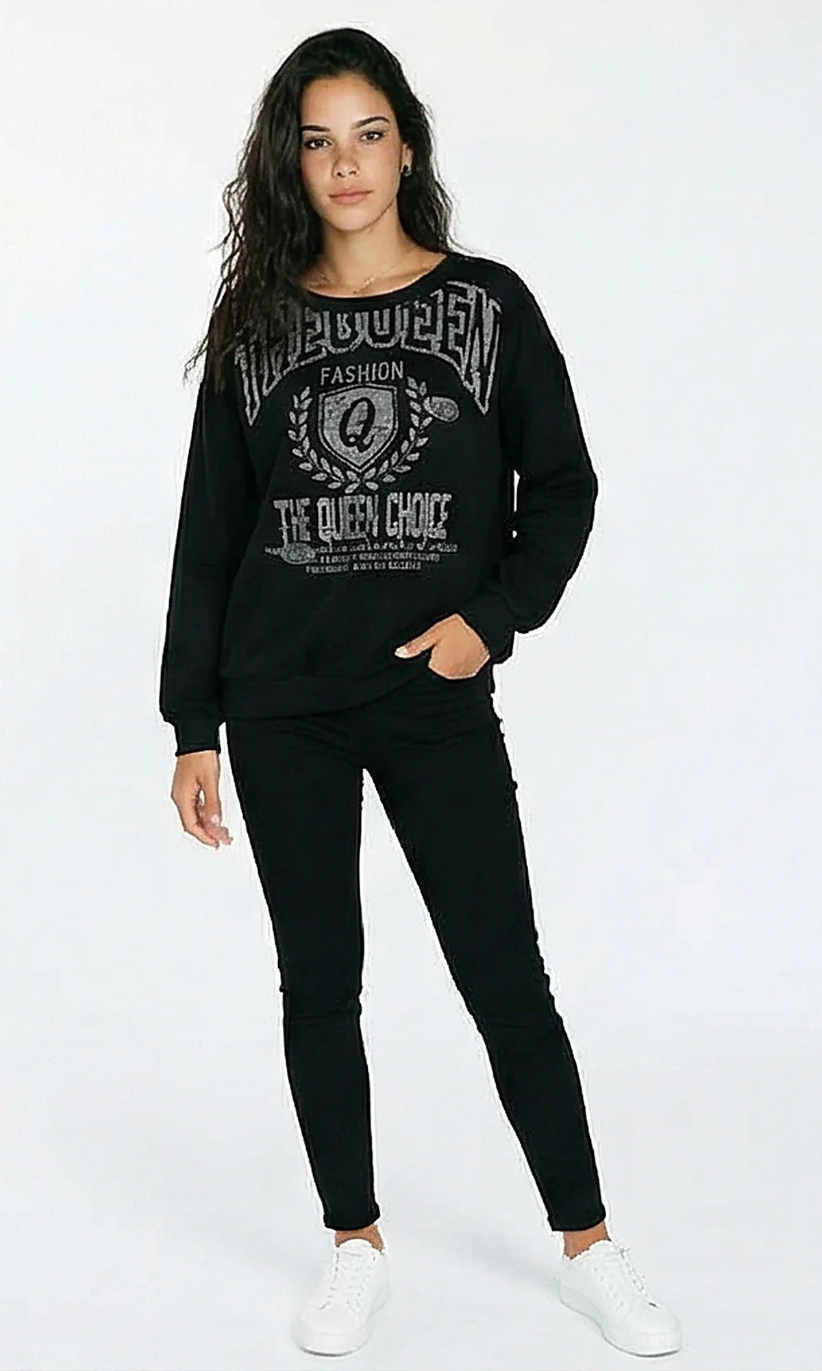 R215958 - Printed "The Queen" Long Sleeves Sweatshirt - Black - Image 4