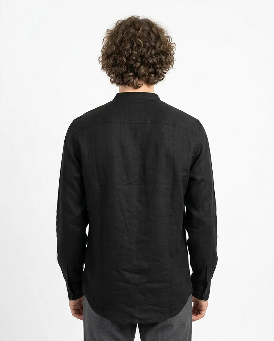 Ravin Men's Band Collar Textured Linen-Look Long Sleeve Shirt - Black - R204678 - Image 2