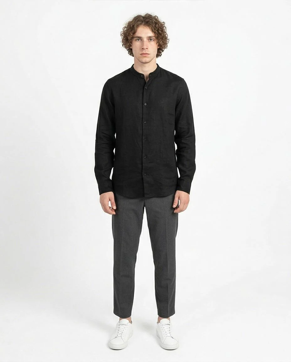 Ravin Men's Band Collar Textured Linen-Look Long Sleeve Shirt - Black - R204678 - Image 3