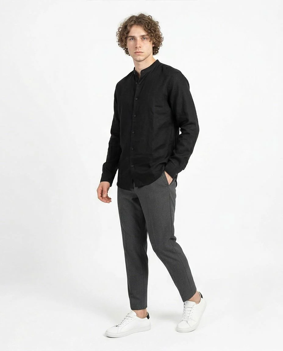 Ravin Men's Band Collar Textured Linen-Look Long Sleeve Shirt - Black - R204678 - Image 4
