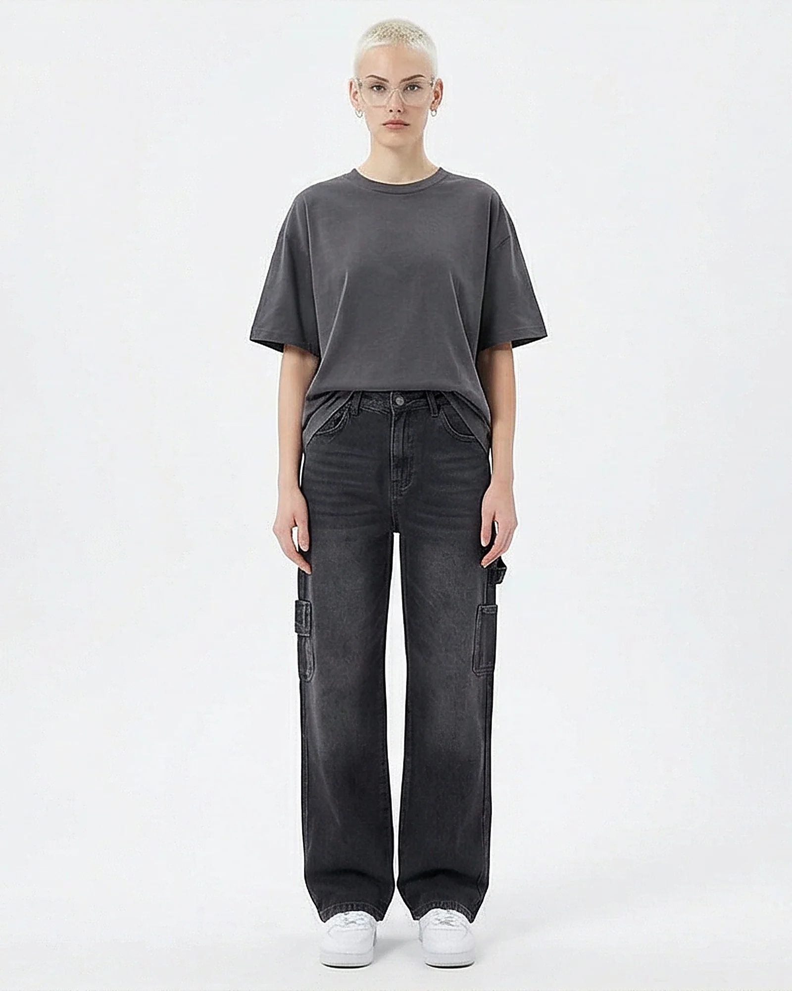 Washed Black High-Waist Wide-Leg Cargo Jeans - R205933 - Image 3