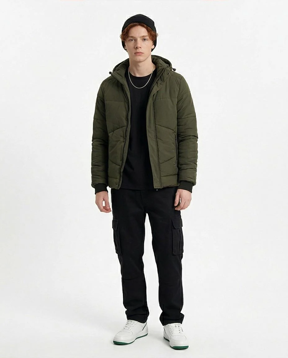 Ravin Urban Padded Puffer Jacket with Integrated Hood – Olive Green - R206832 - Image 3