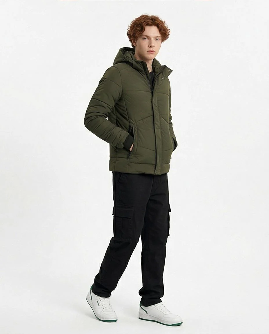 Ravin Urban Padded Puffer Jacket with Integrated Hood – Olive Green - R206832 - Image 4