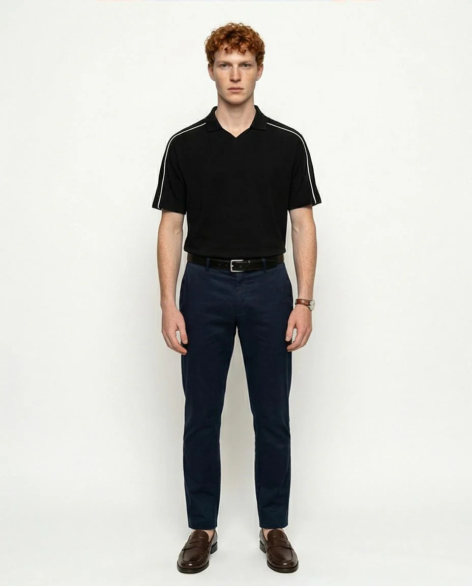 Men's Contrast Piping V-Neck Polo - Black - R215951 - Image 3