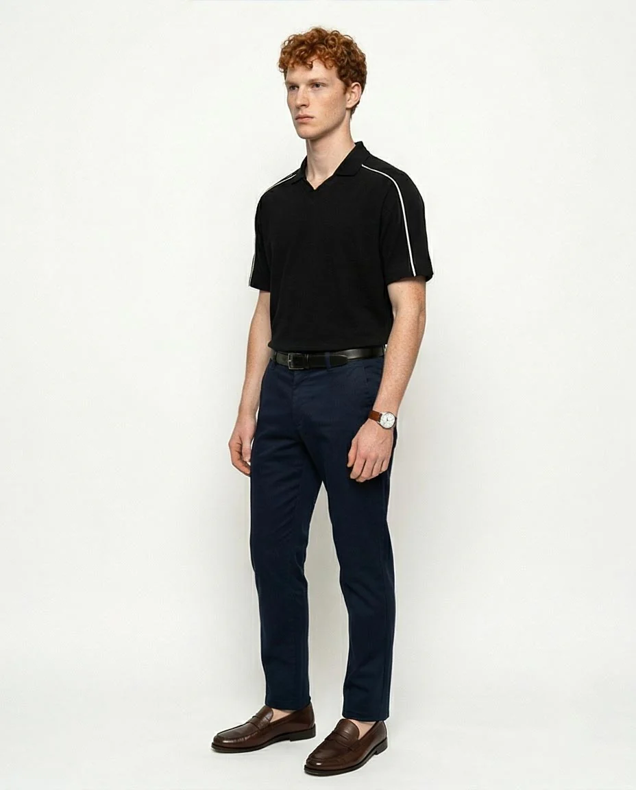 Men's Contrast Piping V-Neck Polo - Black - R215951 - Image 4