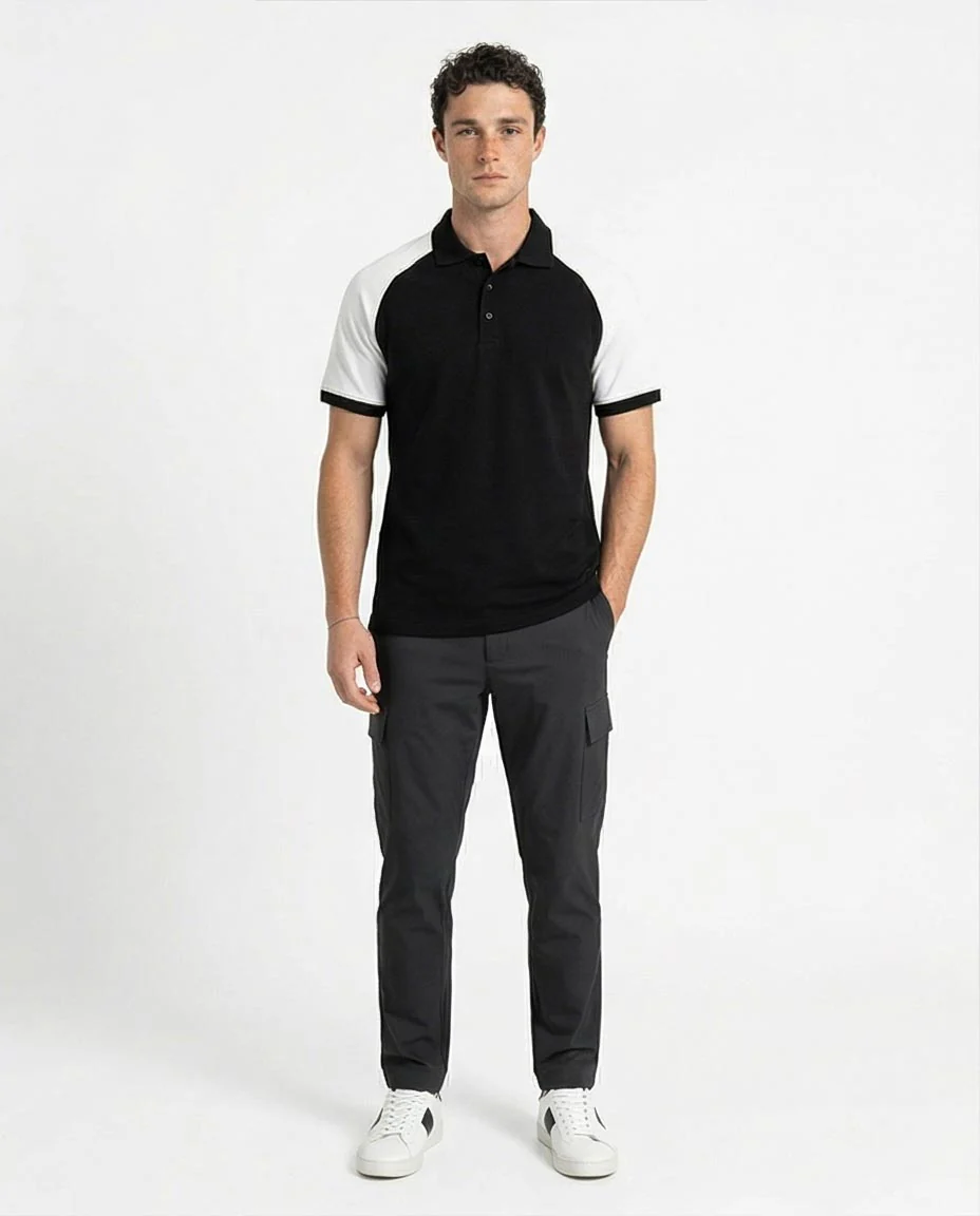 Ravin Men's Raglan Contrast Sleeve Polo Shirt - Black & White - R215957 - Image 3