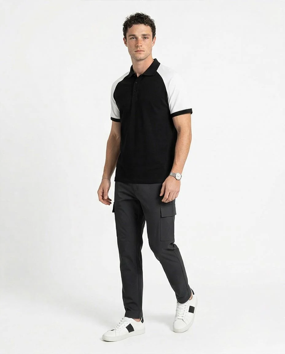 Ravin Men's Raglan Contrast Sleeve Polo Shirt - Black & White - R215957 - Image 4