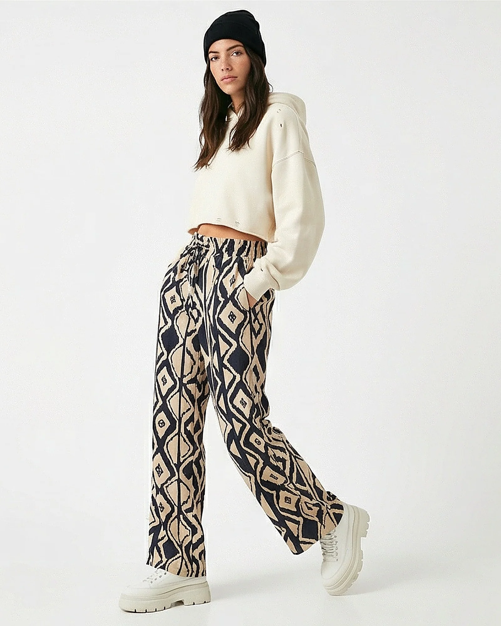 Geometric Print Wide-Leg Summer Trousers - R216598 - Image 3