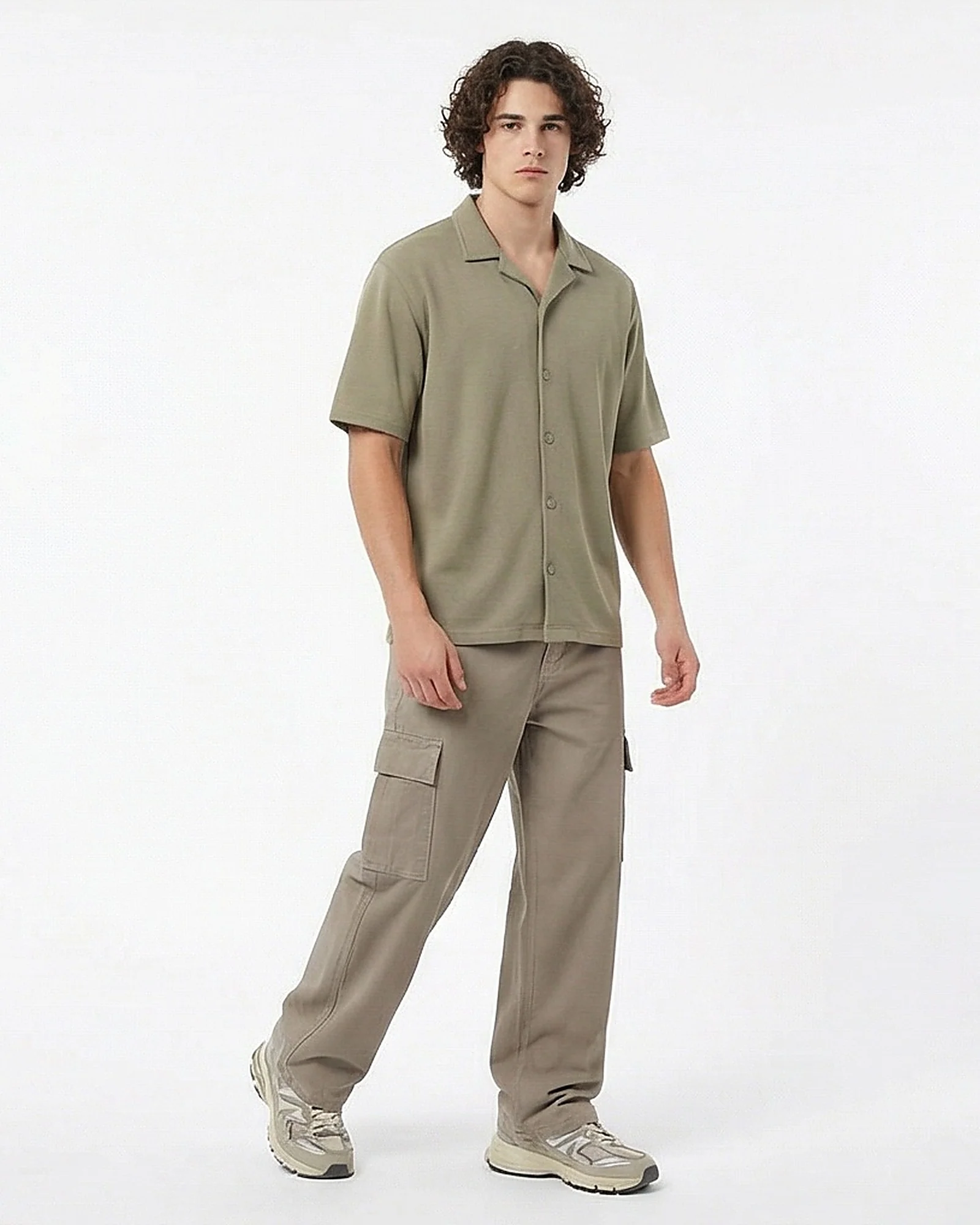 Sage Green Textured Knit Relaxed Fit Camp Collar Shirt - R216751 - Image 3