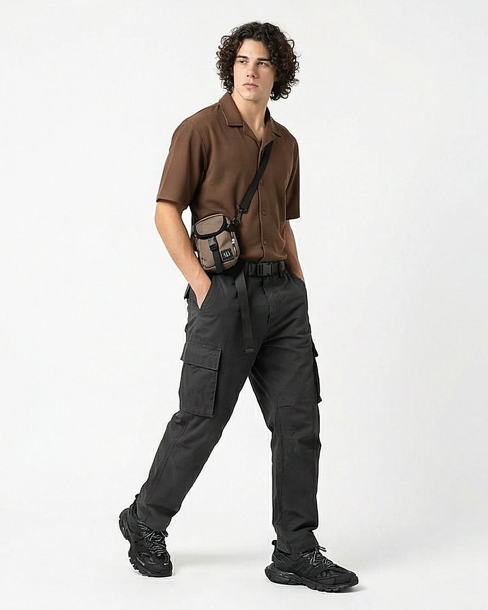 Mocha Textured Knit Short Sleeve Camp Collar Shirt - R216754 - Image 3