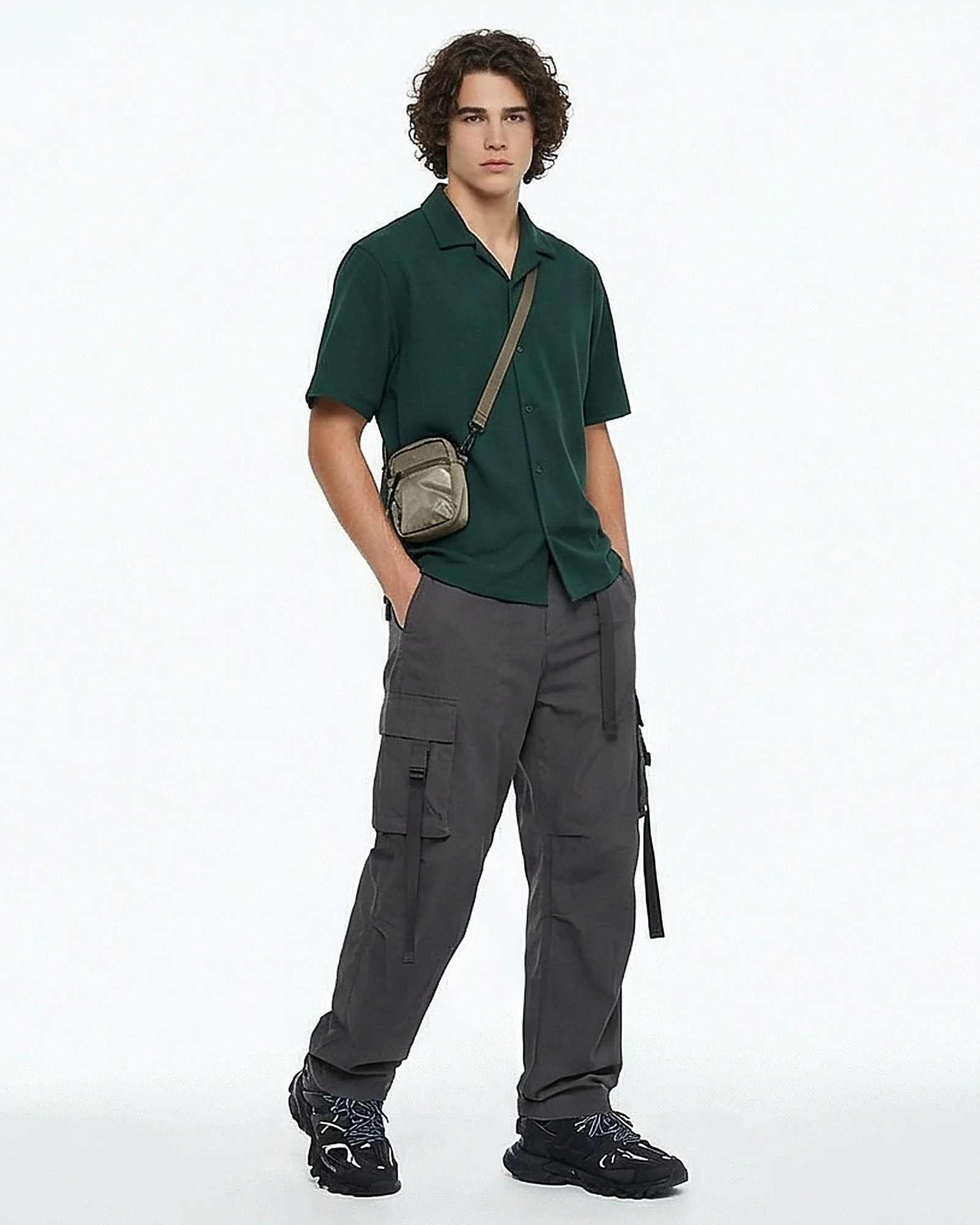 Dark Green Textured Resort Collar Short Sleeve Shirt - R216755 - Image 3