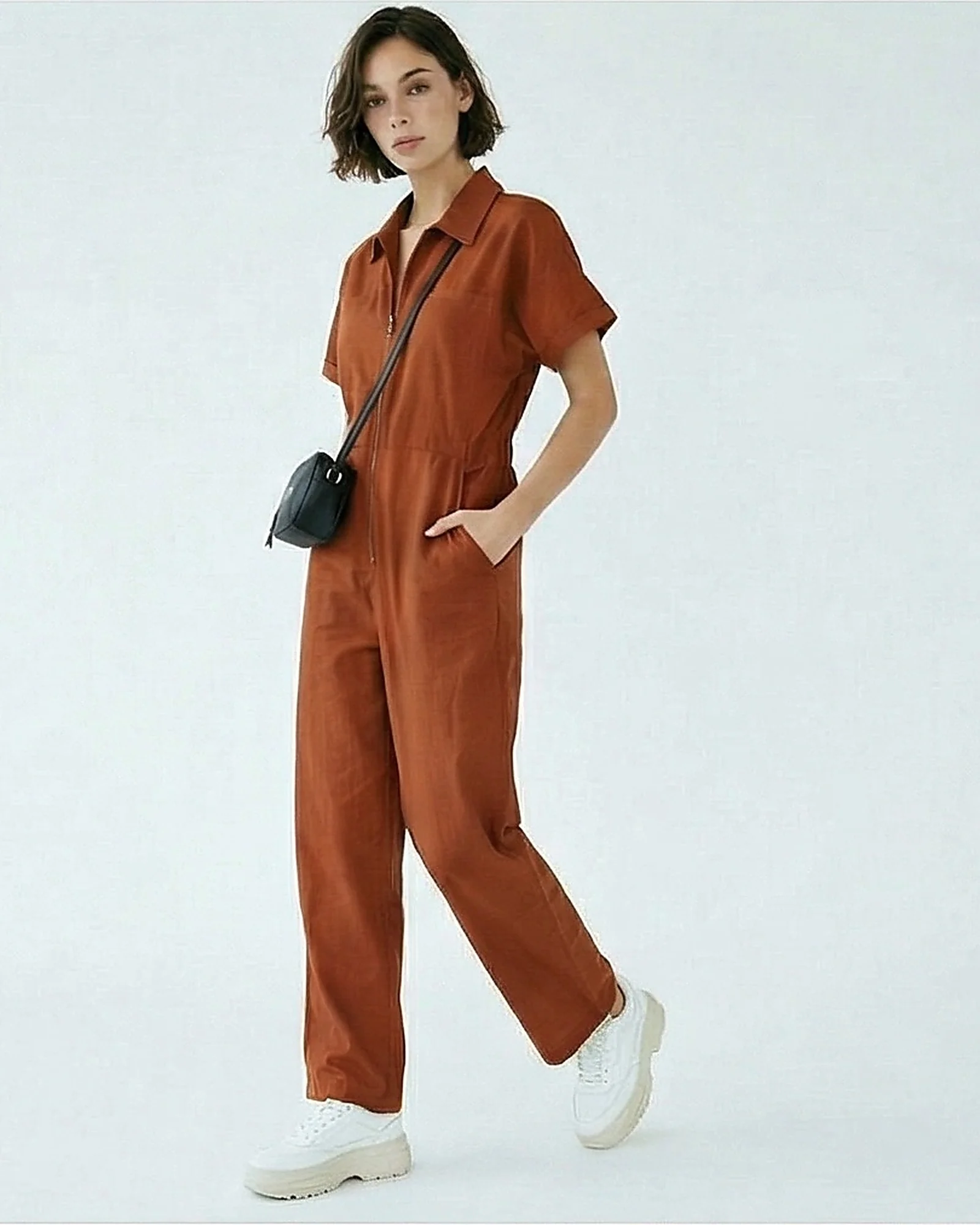 Rust Short Sleeve Zip-Up Utility Jumpsuit - R216761 - Image 4