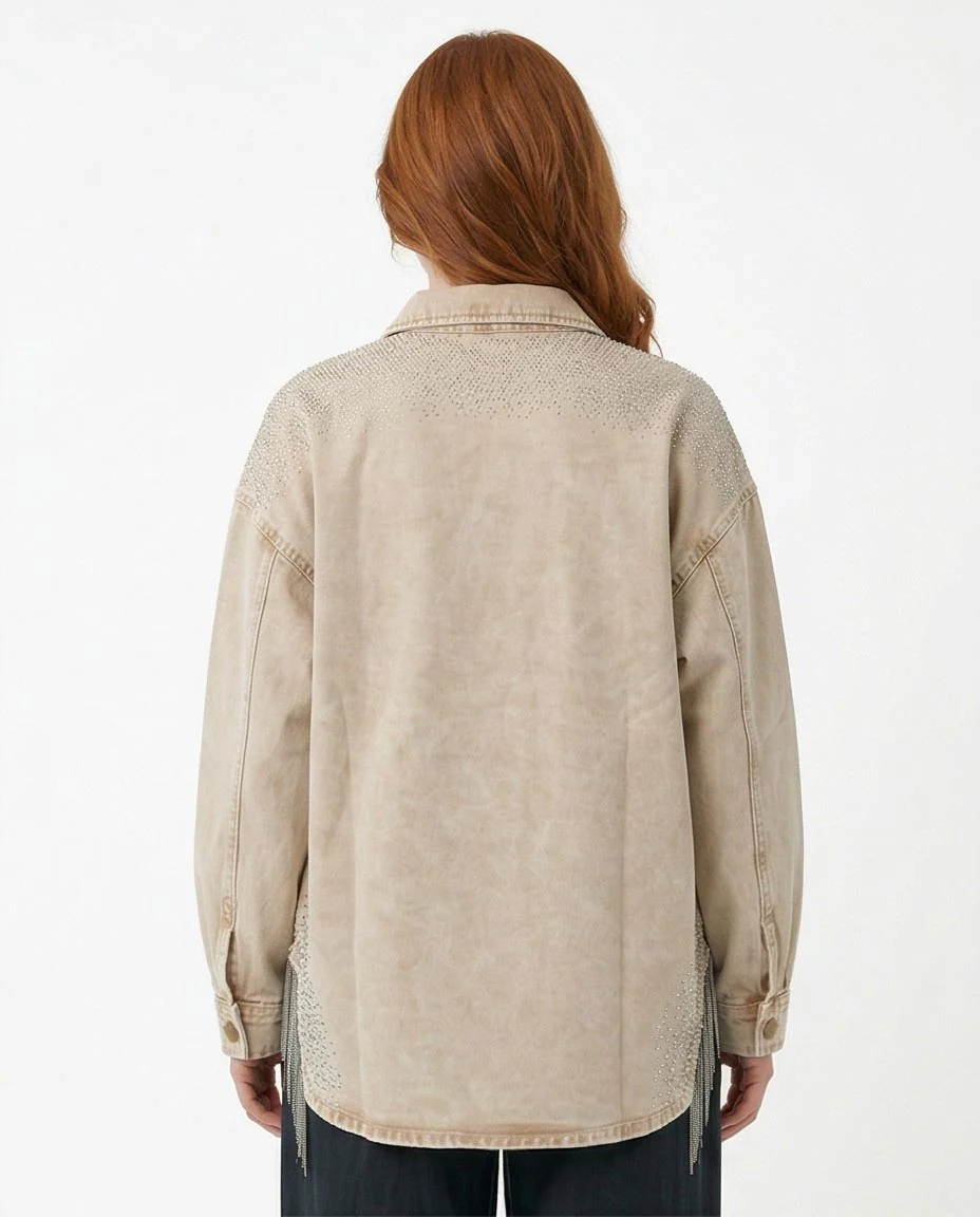 Ravin Women’s Washed Sand Denim Shirt with Rhinestone Shoulders & Chain Fringe - R216815 - Image 2