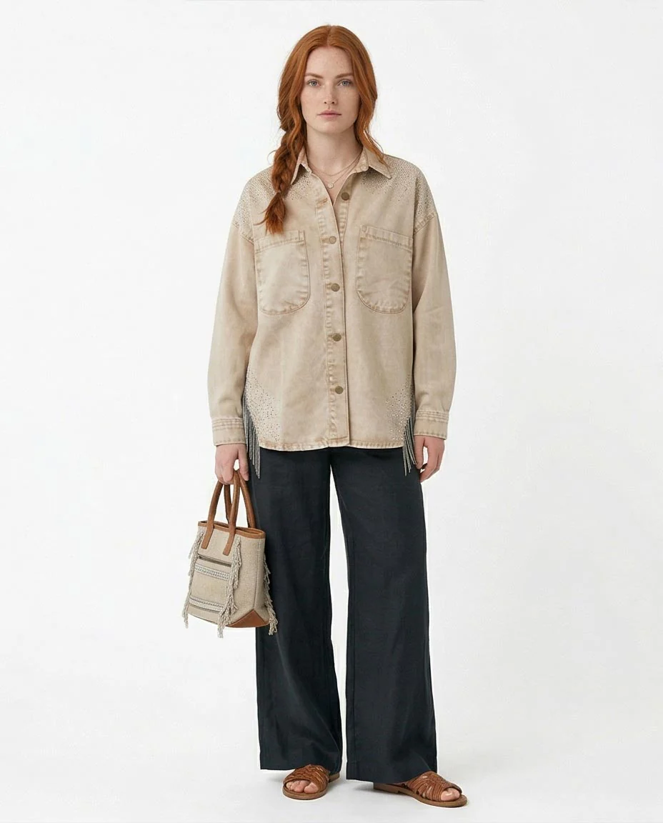Ravin Women’s Washed Sand Denim Shirt with Rhinestone Shoulders & Chain Fringe - R216815 - Image 3