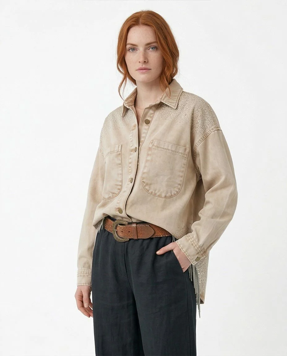 Ravin Women’s Washed Sand Denim Shirt with Rhinestone Shoulders & Chain Fringe - R216815 - Image 4