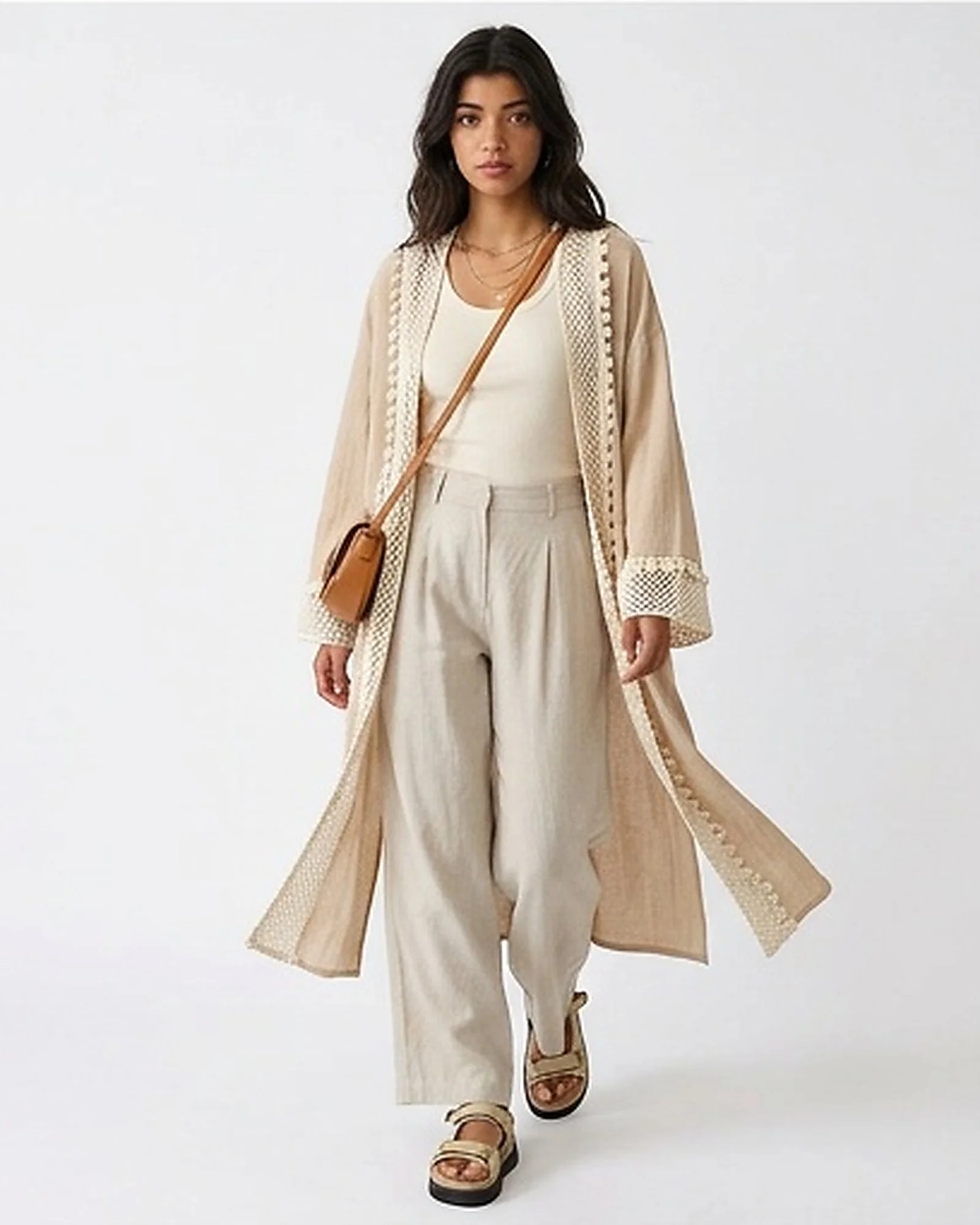 Beige Crochet Trim Longline Summer Cardigan - R217012 - Image 4
