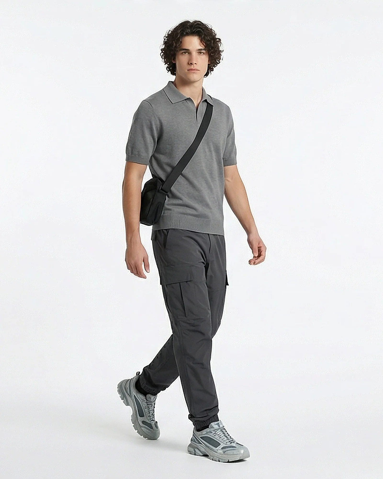 Men's Premium Knit Johnny Collar Polo in Heather Grey - Image 3