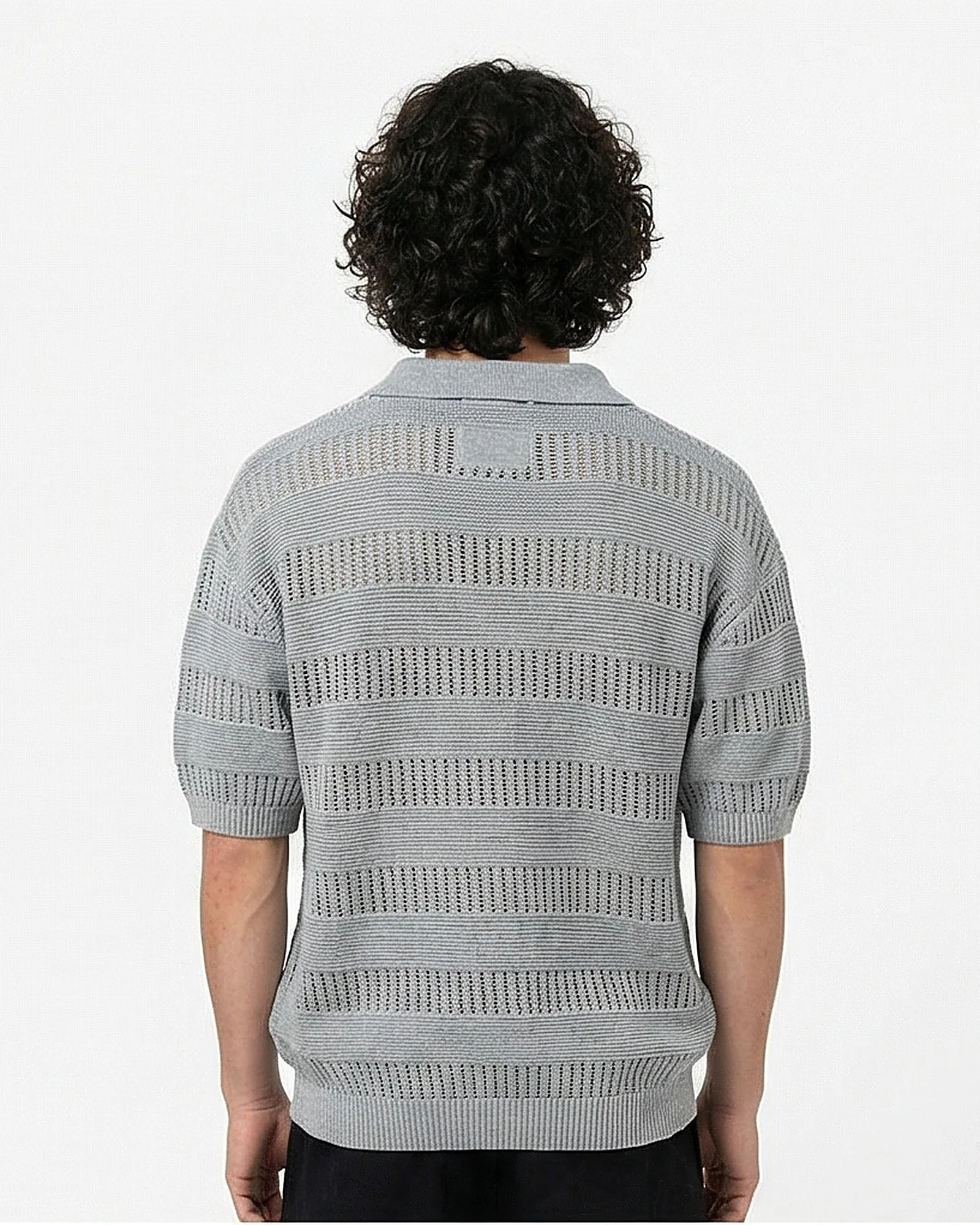 Grey Textured Pointelle Knit Polo Shirt - R217131 - Image 2