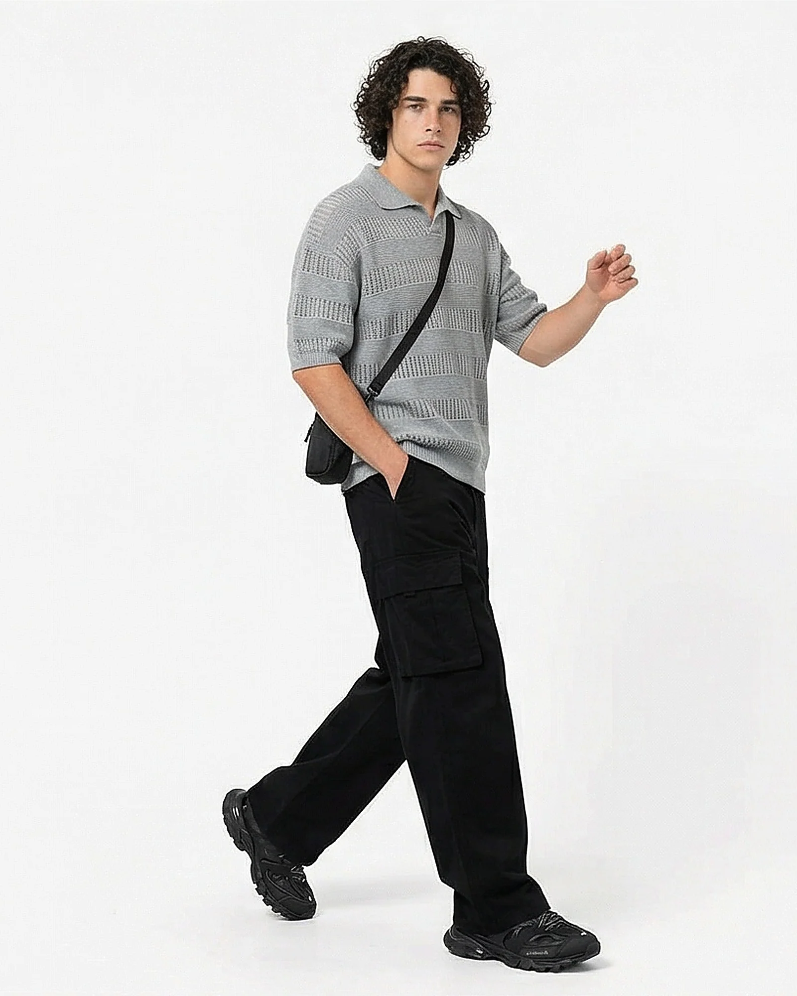 Grey Textured Pointelle Knit Polo Shirt - R217131 - Image 3