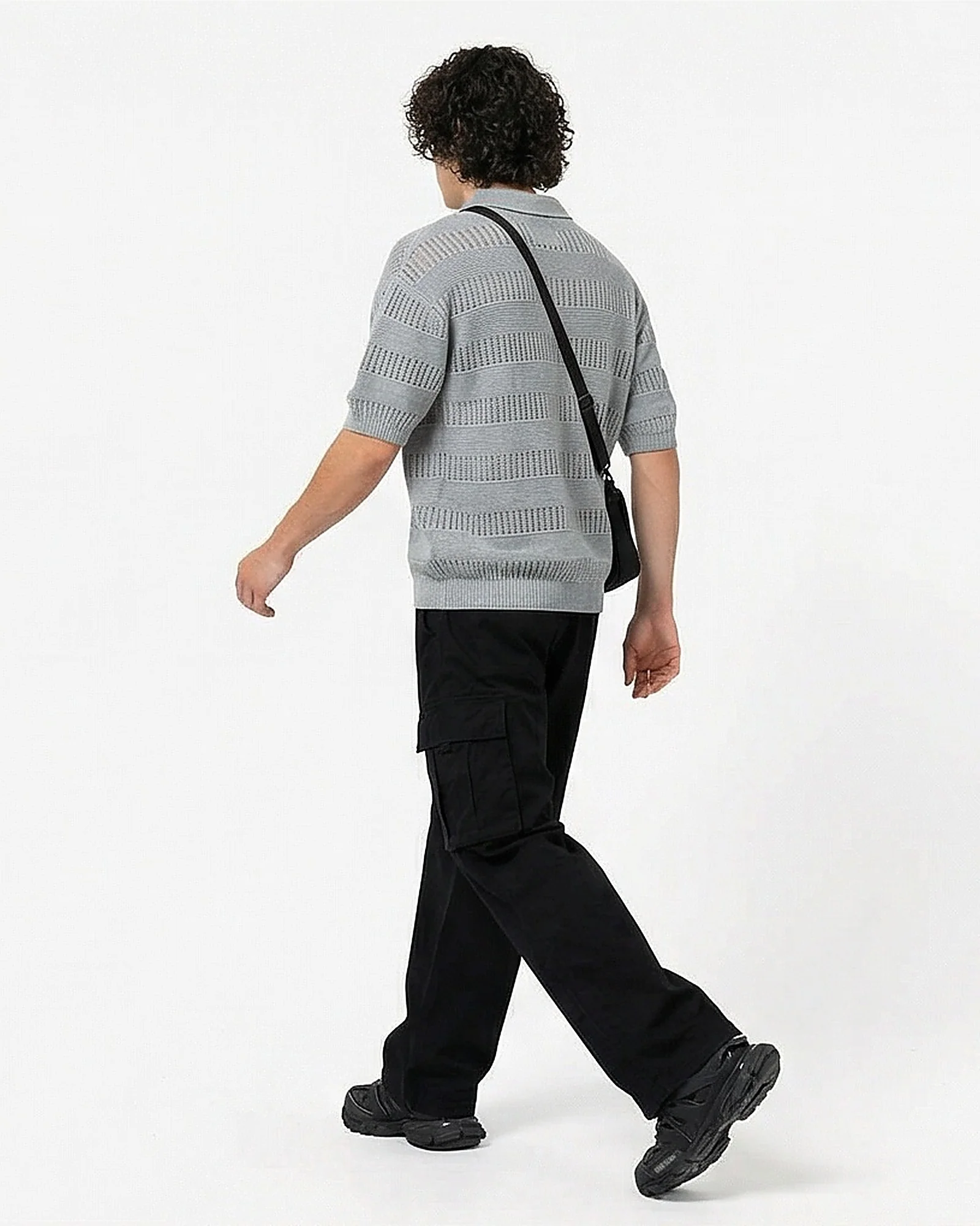 Grey Textured Pointelle Knit Polo Shirt - R217131 - Image 4