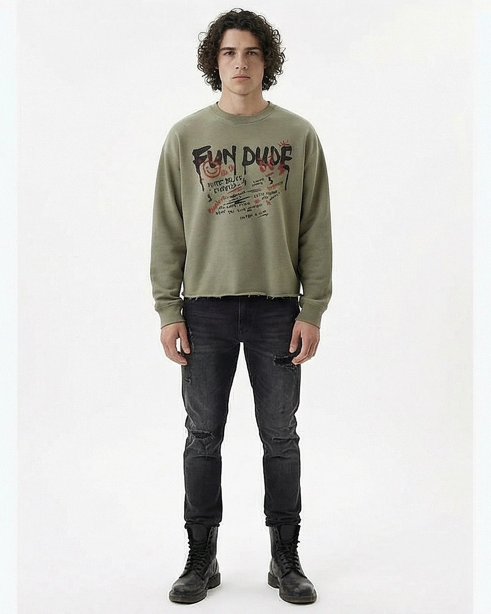 Khaki Fun Dude Graphic Raw Hem Long Sleeve T-Shirt - R217158 - Image 3