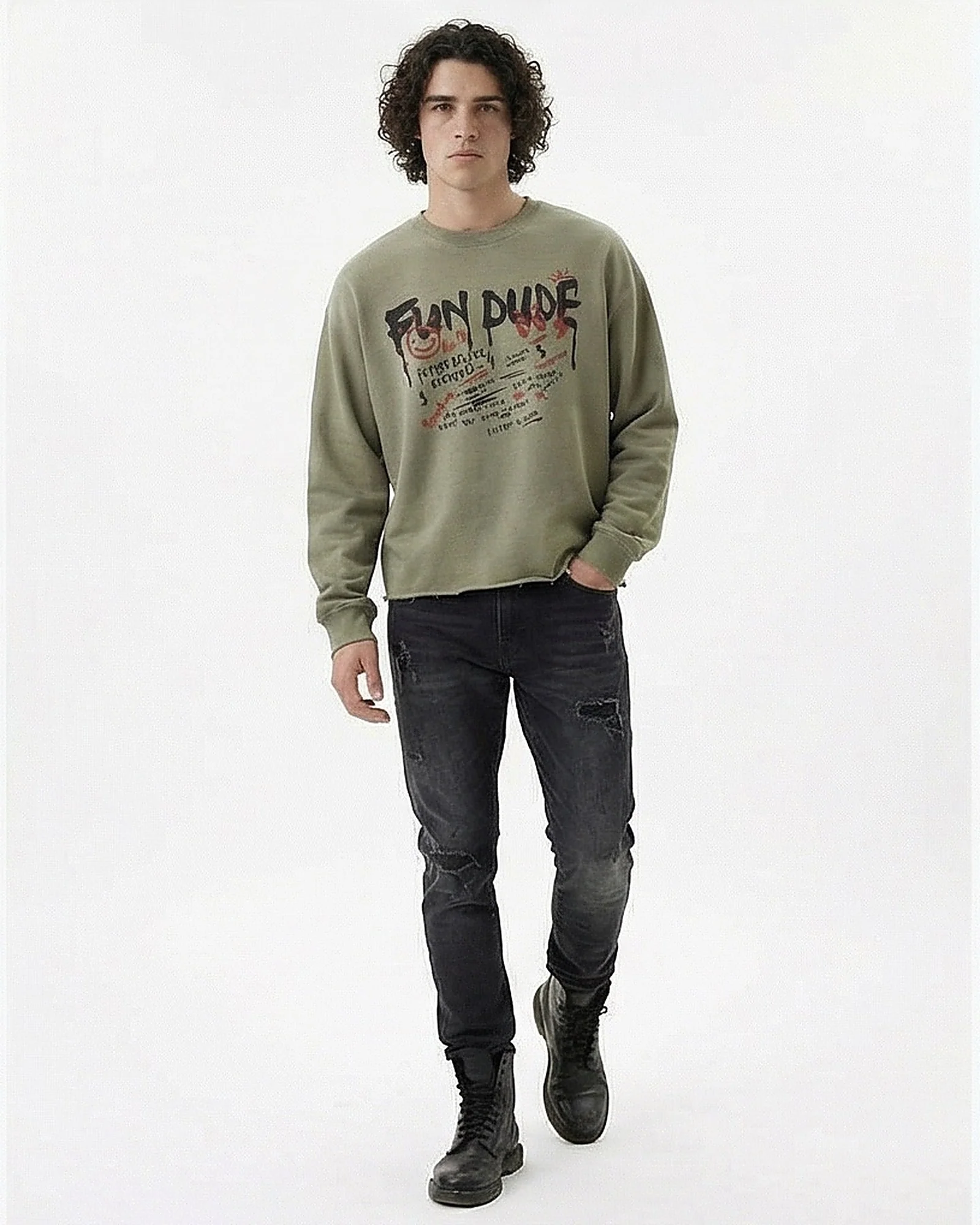 Khaki Fun Dude Graphic Raw Hem Long Sleeve T-Shirt - R217158 - Image 4