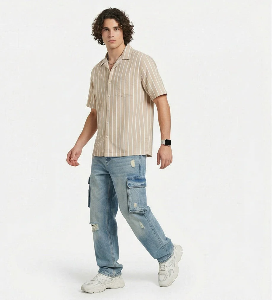 Stone Striped Short Sleeve Camp Collar Shirt - R217165 - Image 7