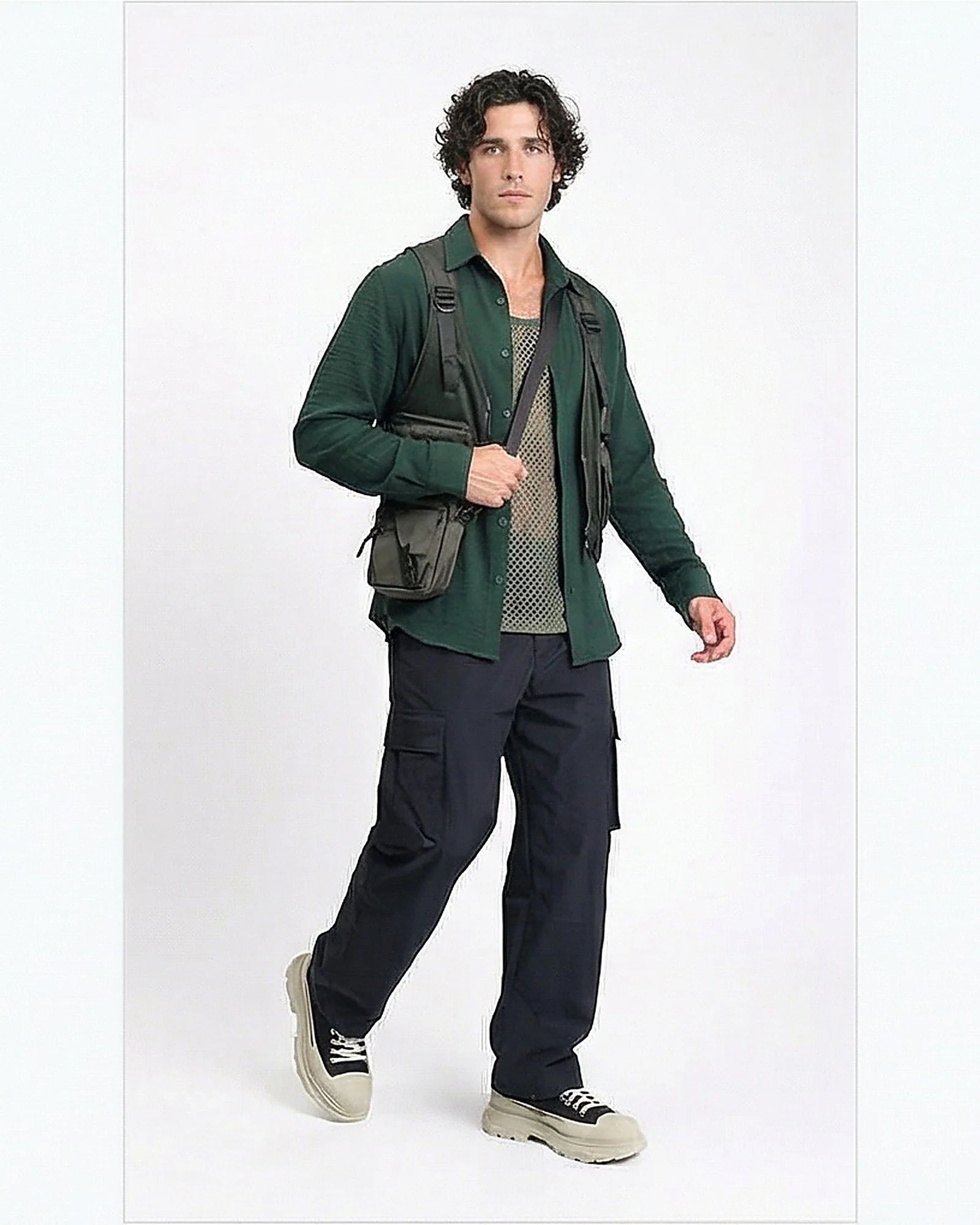 Forest Green Textured Relaxed Fit Long Sleeve Shirt - R217175 - Image 3