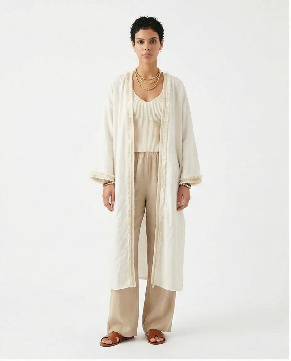 Cream Longline Textured Trim Open Front Cardigan - R217235 - Image 5