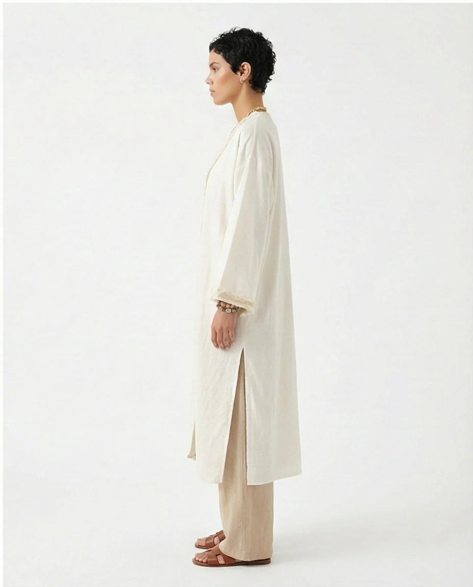 Cream Longline Textured Trim Open Front Cardigan - R217235 - Image 8