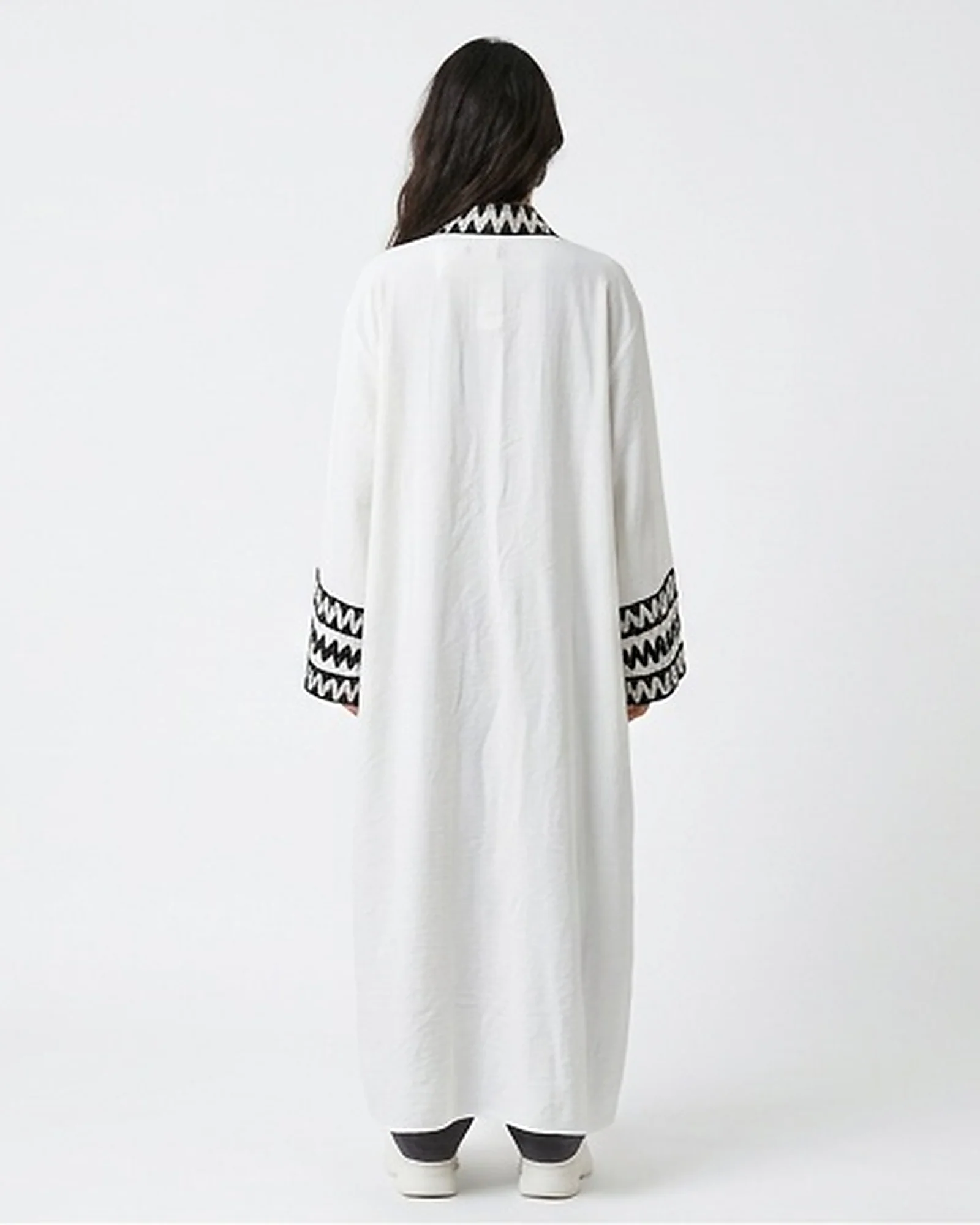White Longline Open-Front Cardigan with Black Zigzag Embroidery - R217388 - Image 2