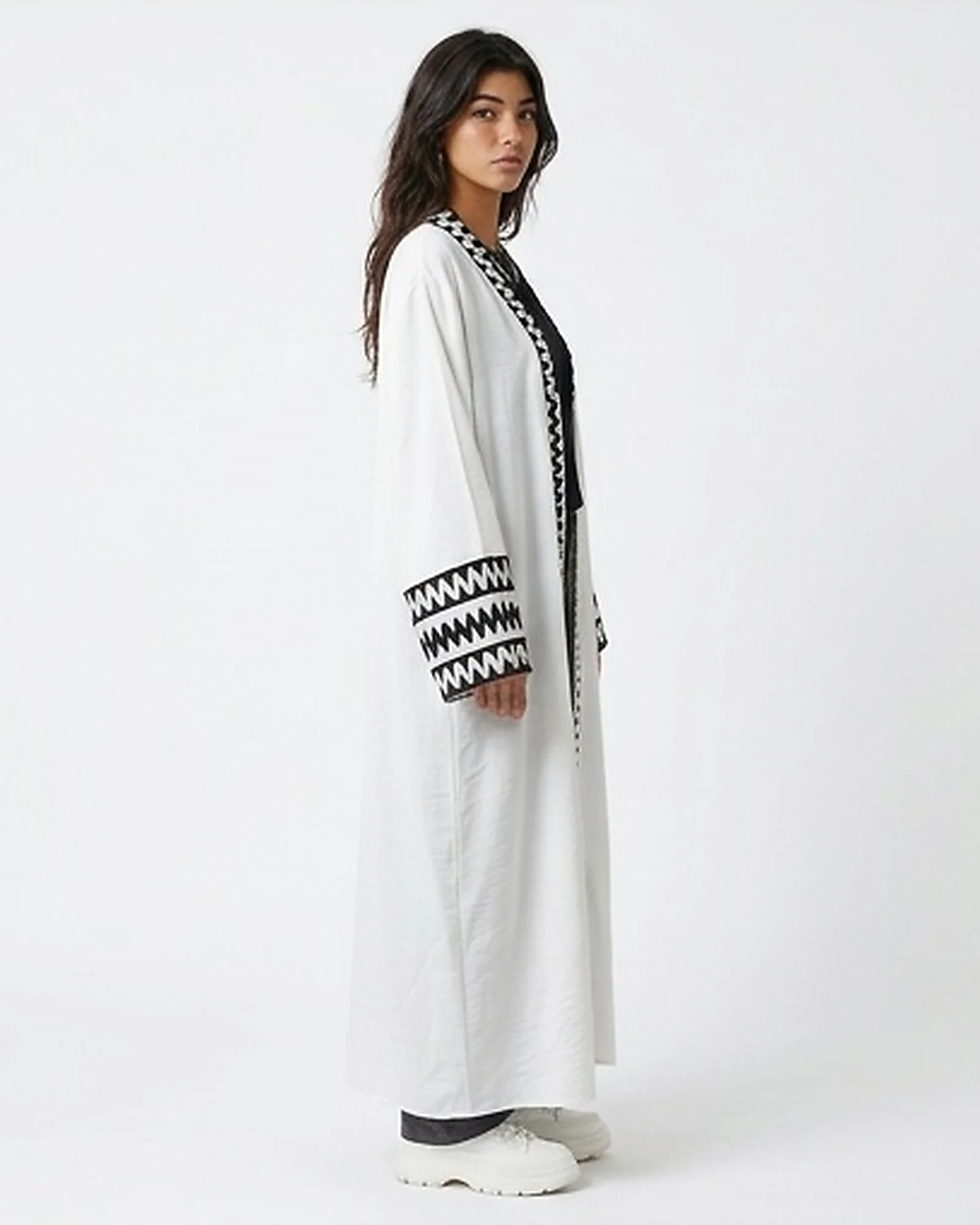 White Longline Open-Front Cardigan with Black Zigzag Embroidery - R217388 - Image 3