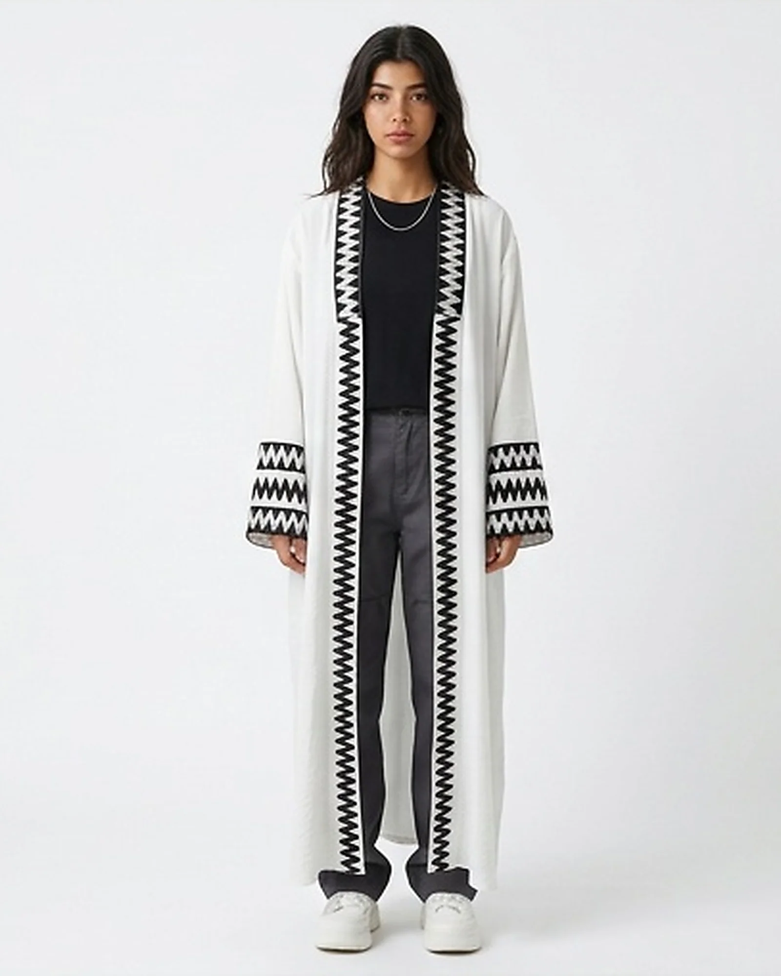 White Longline Open-Front Cardigan with Black Zigzag Embroidery - R217388 - Image 4