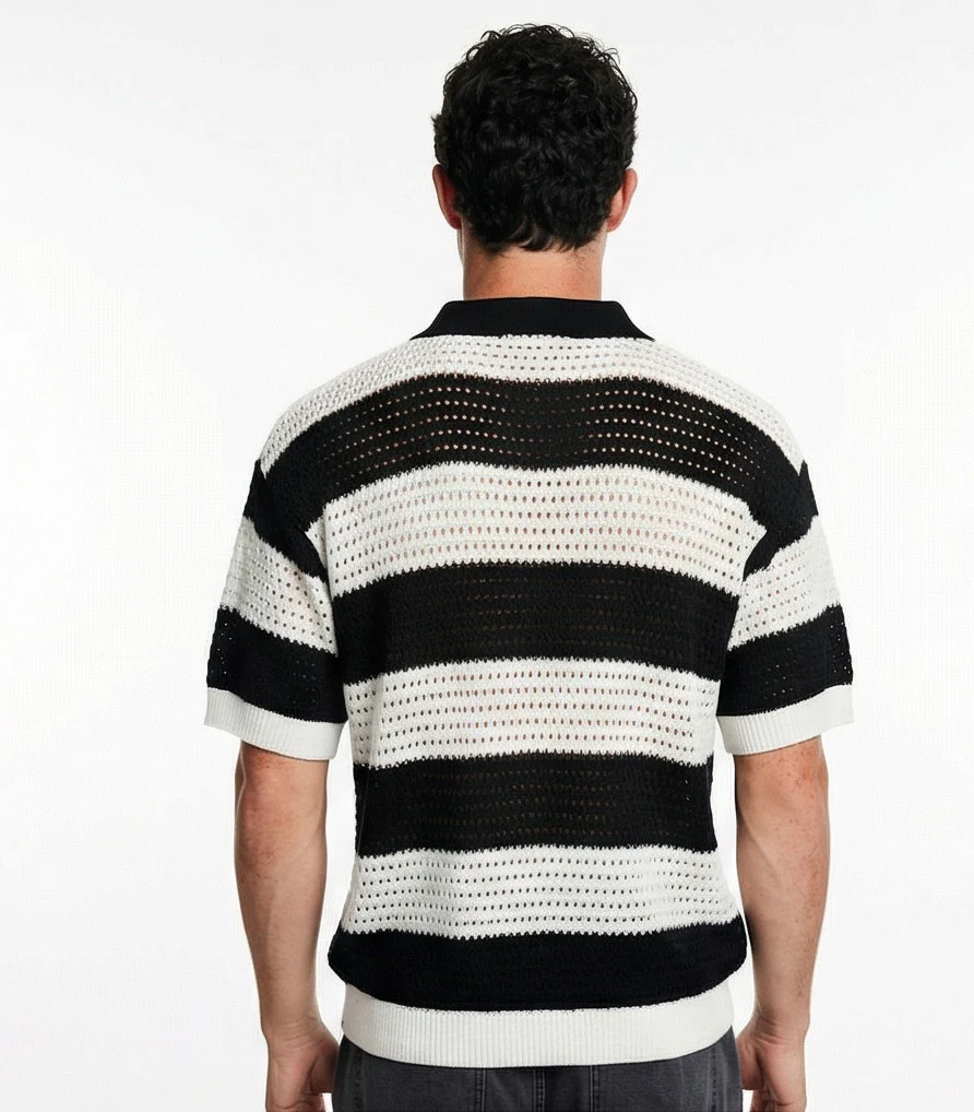 Men's Black & White Striped Crochet Knit Polo Shirt - R217403 - Image 2