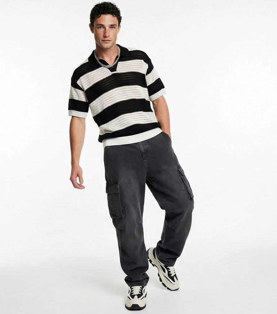 Men's Black & White Striped Crochet Knit Polo Shirt - R217403 - Image 3