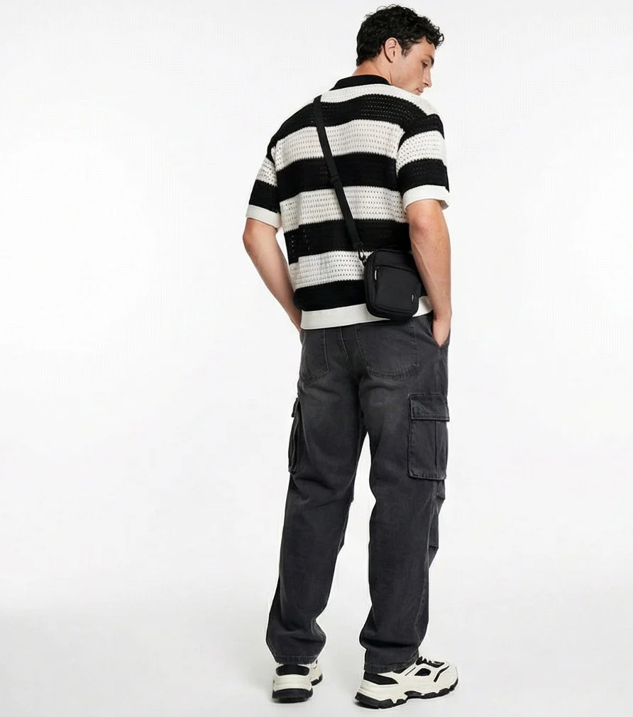 Men's Black & White Striped Crochet Knit Polo Shirt - R217403 - Image 4