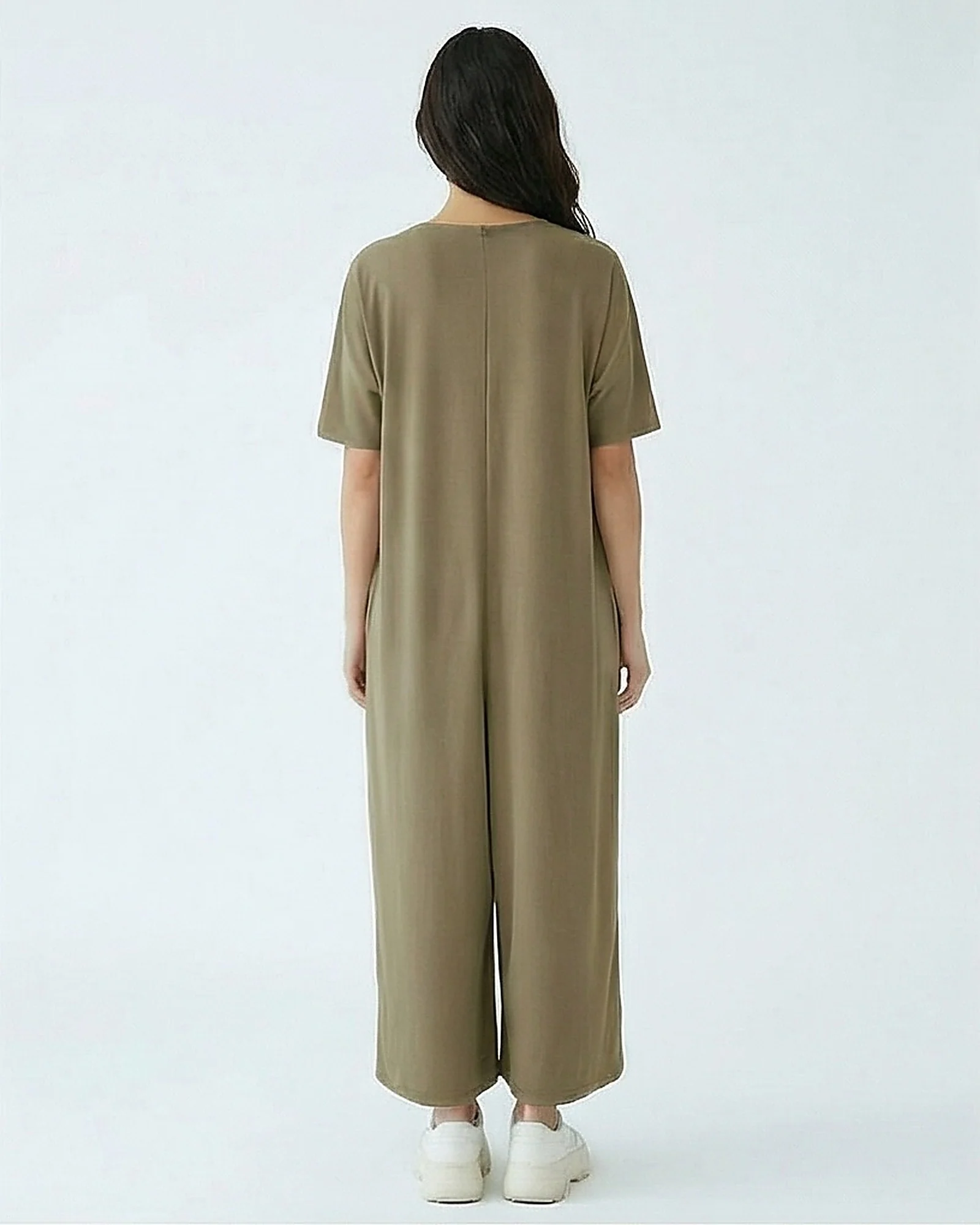 Olive V-Neck Relaxed Wide Leg Jumpsuit - R217430 - Image 2