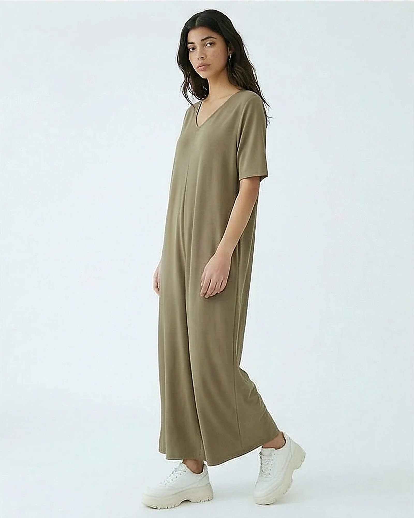 Olive V-Neck Relaxed Wide Leg Jumpsuit - R217430 - Image 4