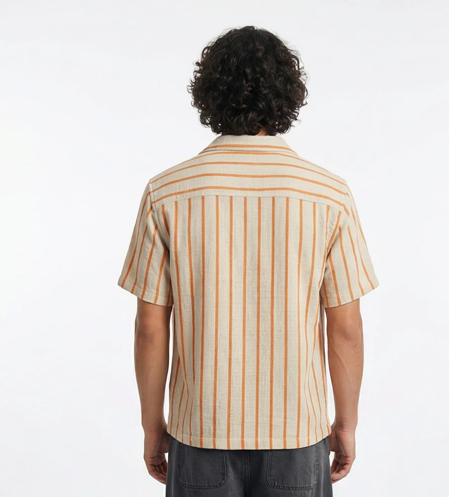 Beige and Rust Vertical Striped Short Sleeve Resort Shirt - R217509 - Image 2