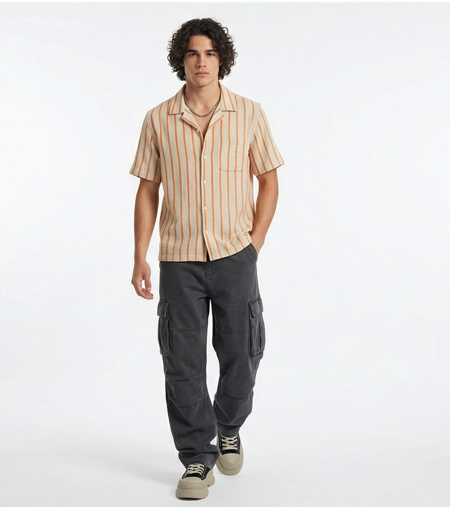 Beige and Rust Vertical Striped Short Sleeve Resort Shirt - R217509 - Image 3