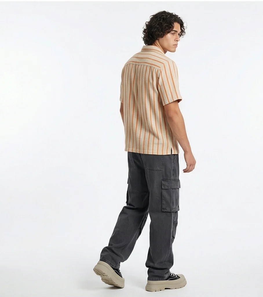 Beige and Rust Vertical Striped Short Sleeve Resort Shirt - R217509 - Image 4