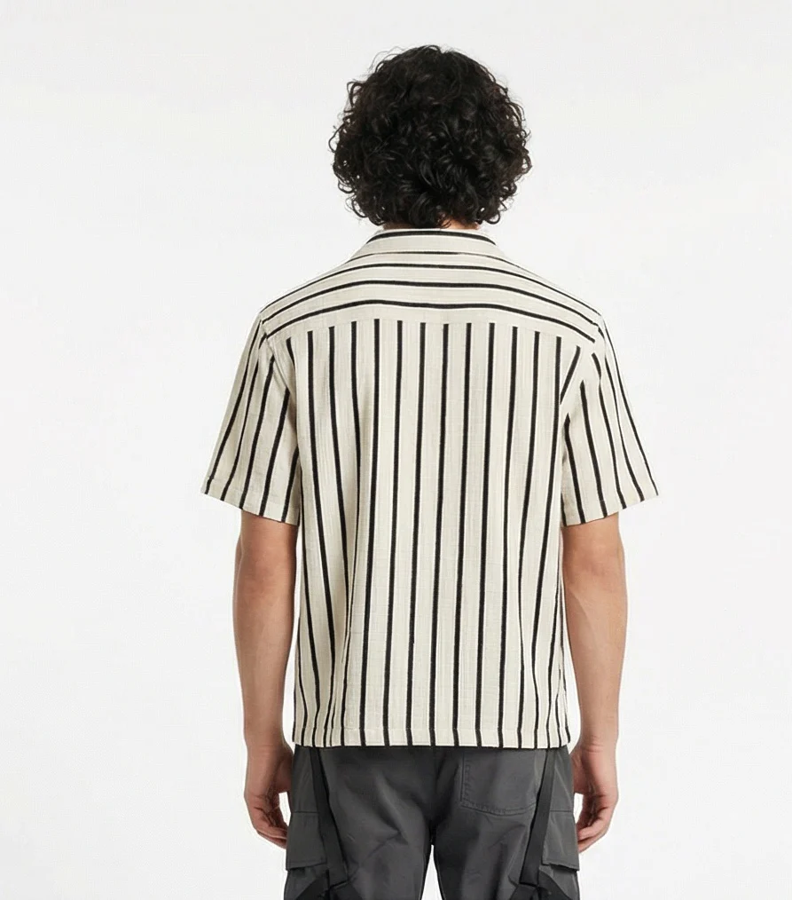 Off-White & Black Vertical Striped Camp Collar Shirt - R217511 - Image 2