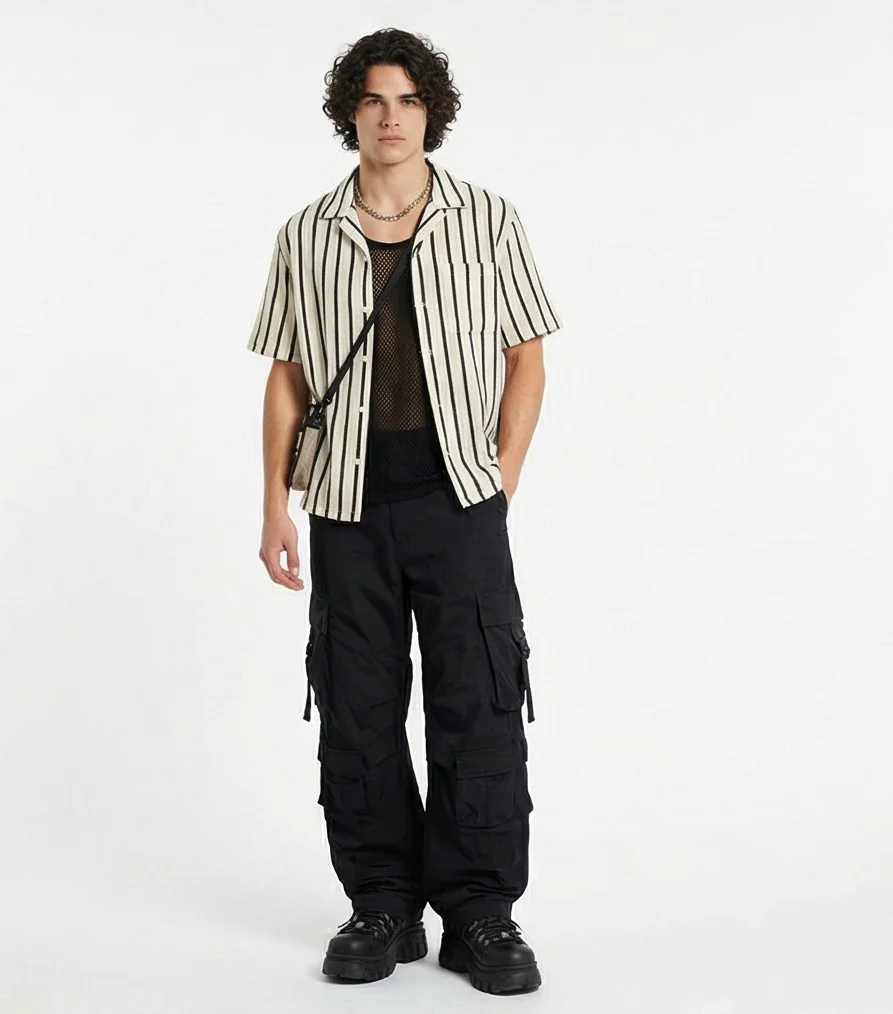 Off-White & Black Vertical Striped Camp Collar Shirt - R217511 - Image 3